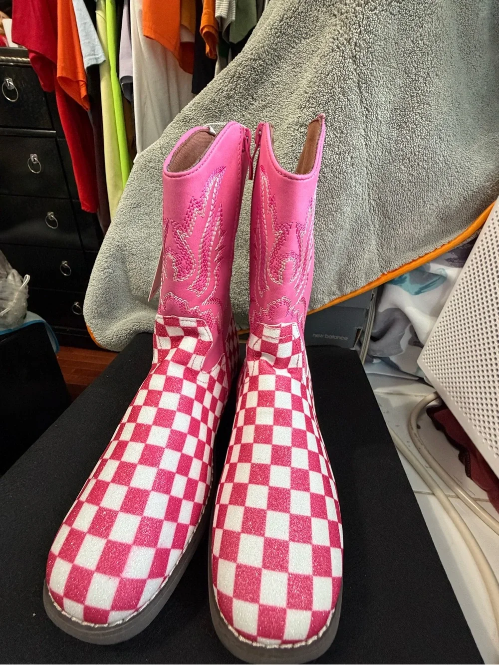 Kids Pink Checkered Cowboy Boots